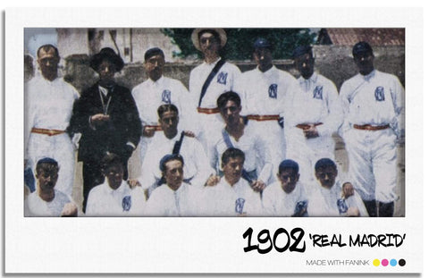 Image of Real Madrid players in 1902. Underneath the photo, text reads "1902 REAL MADRID". Underneath that text, it reads "MADE WITH FANINK" with the Fan Ink CMYK circle colour swatches.