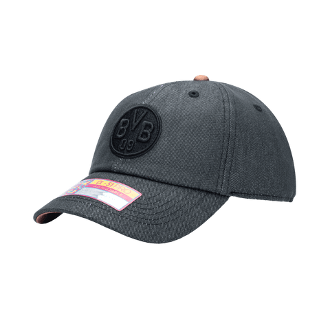 Side view of the Borussia Dortmund Pegasus Classic hat with low unstructured crown, curved peak brim, and buckle closure, in black.