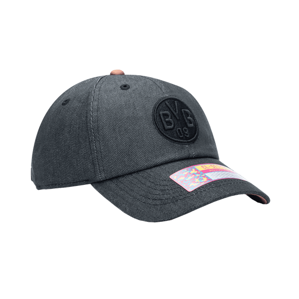 Side view of the Borussia Dortmund Pegasus Classic hat with low unstructured crown, curved peak brim, and buckle closure, in black.