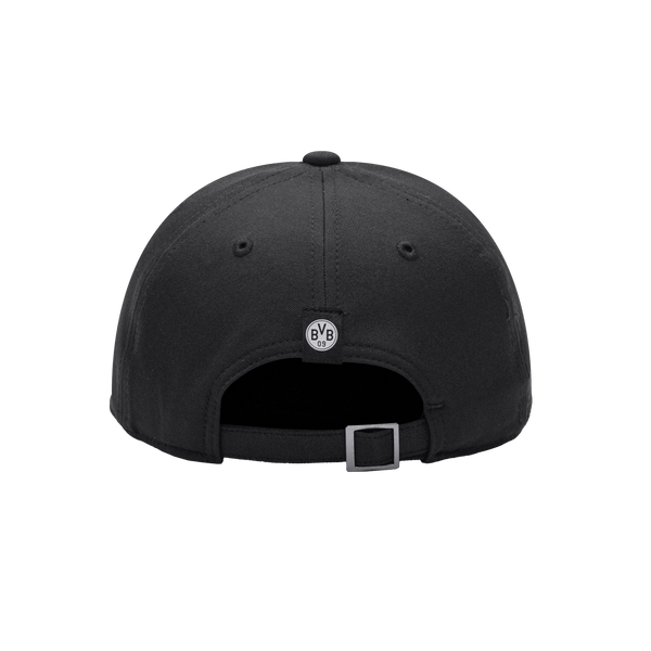 Back view of the Borussia Dortmund Dusk Adjustable hat with mid constructured crown, curved peak brim, and slider buckle closure, in Black.