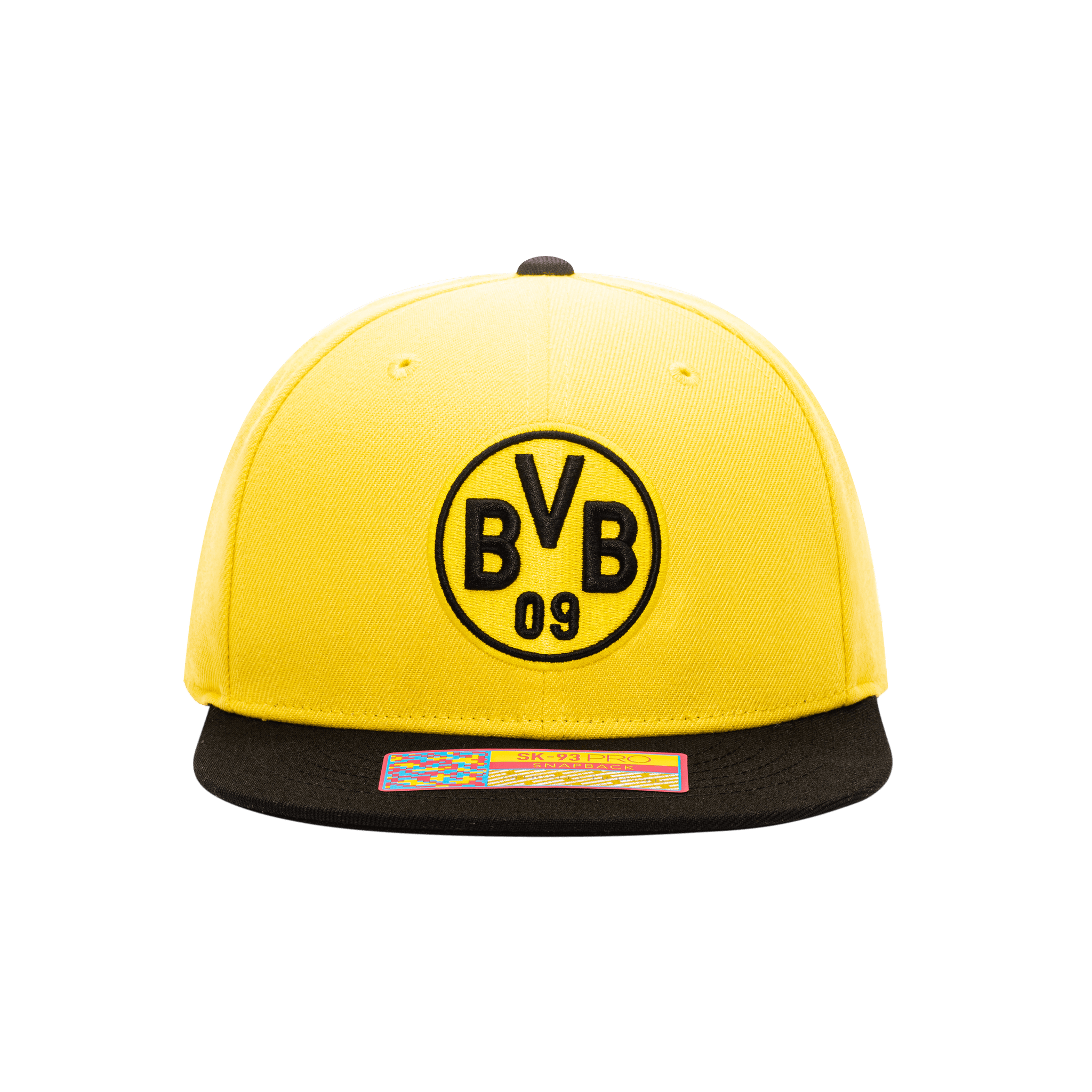 Front view of the Borussia Dortmund Team Snapback with high crown, flat peak, and snapback closure, in Yellow/Black