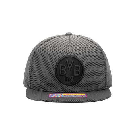 Front view of the Borussia Dortmund Trophy Snapback with high crown, flat peak, and snapback closure, in Dk Grey