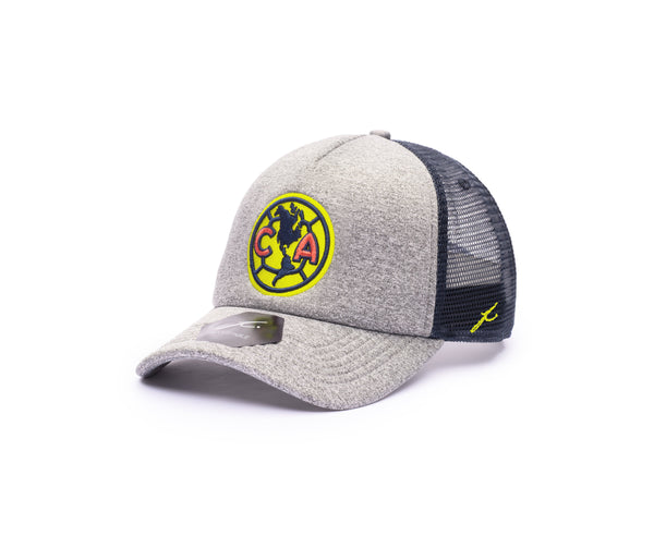 View of left side of Club America Grayline Trucker with yellow Fi branded stitching