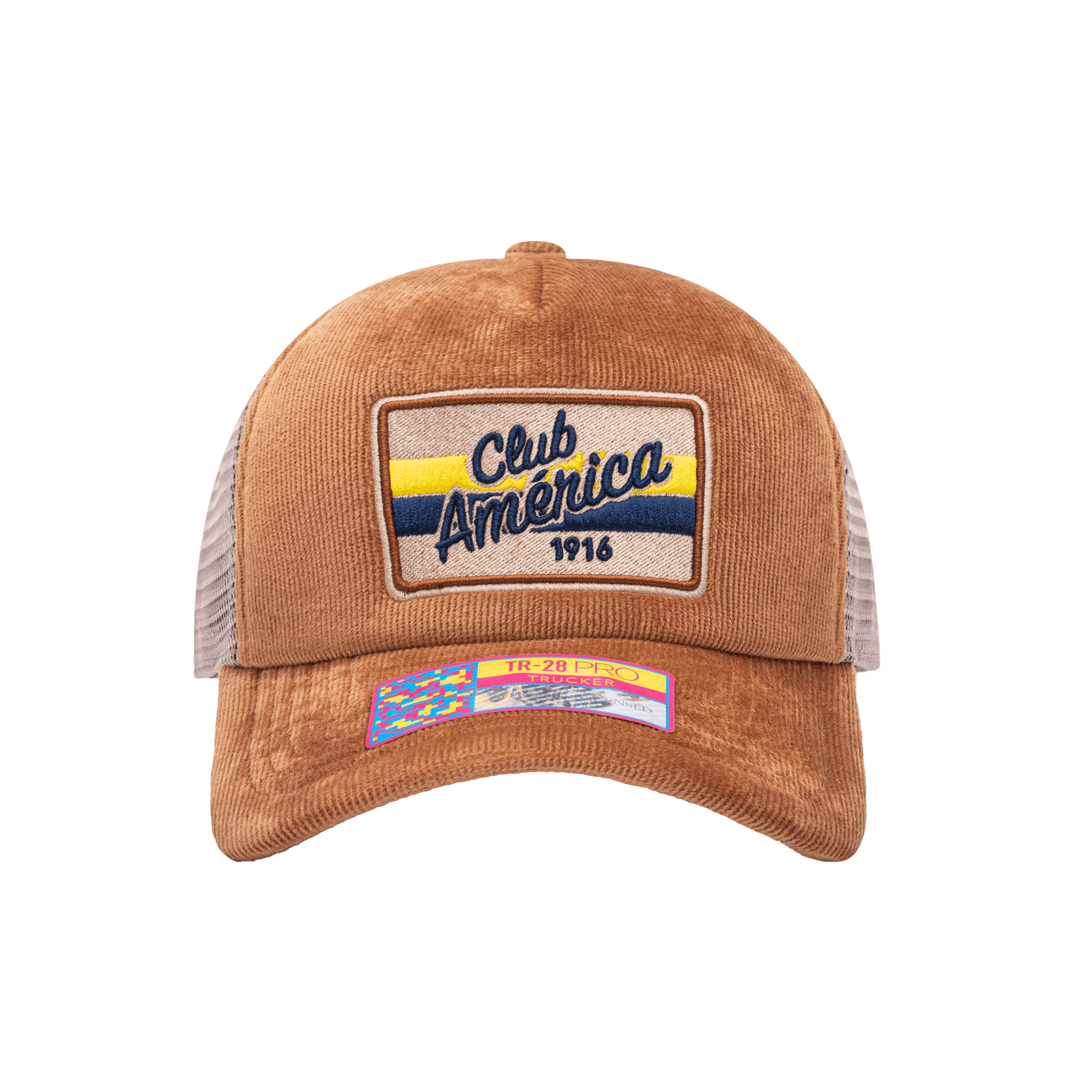 Front view of the Club America Camionero Trucker with high crown, curved peak, and snapback closure on mesh back, in brown.