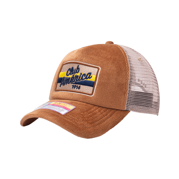 Side view of the Club America Camionero Trucker with high crown, curved peak, and snapback closure on mesh back, in brown.