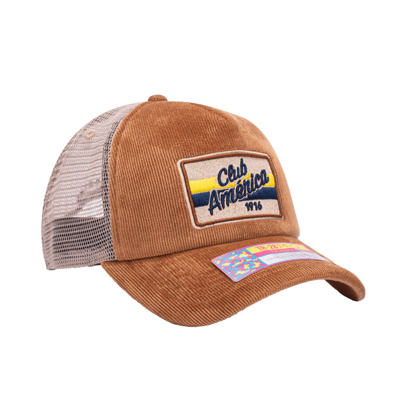 Side view of the Club America Camionero Trucker with high crown, curved peak, and snapback closure on mesh back, in brown.