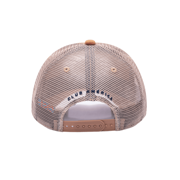 Back view of the Club America Camionero Trucker with high crown, curved peak, and snapback closure on mesh back, in brown.