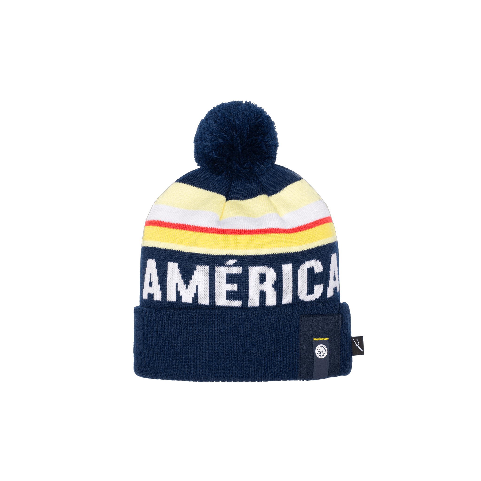 Blue yellow white and red Club America Proud Beanie with blue pom pom