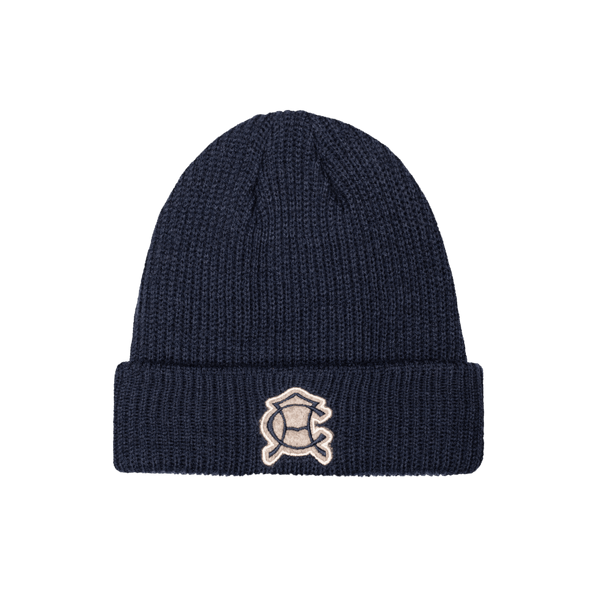 Club America Ivy Beanie in thick, wool blend knit, front embroidered wool backed applique patch with merrowed edges, in navy.