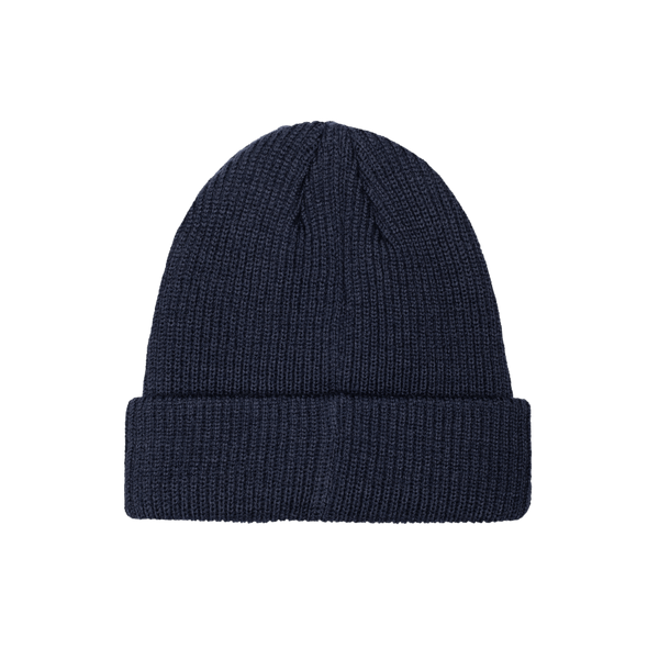 Club America Ivy Beanie in thick, wool blend knit, front embroidered wool backed applique patch with merrowed edges, in navy.