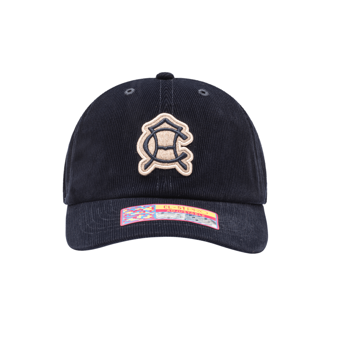 Club America Princeton Classic Hat in soft fine wale corduroy construction, unstructured low crown, curved peak brim, adjustable flip buckle closure, front embroidered wool backed applique patch with merrowed edges, back embroidered club name, in navy.