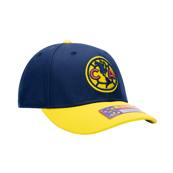 Side view of the Borussia Dortmund Core Adjustable hat with mid constructured crown, cruved peak brim, and slider buckle closure, in Black/Yellow.