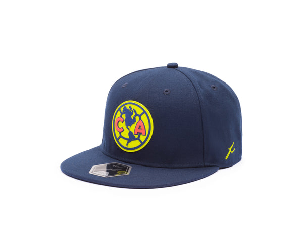 View of left side of Club America Cult Fitted with yellow Fi branded stitching on the side