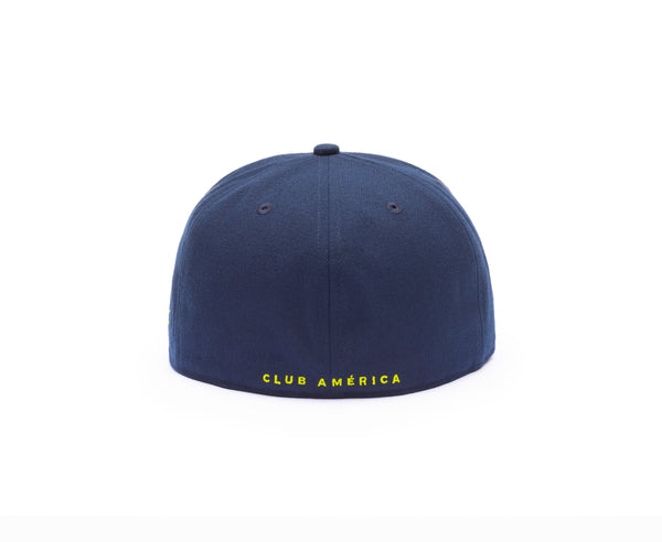 Back side of Club America Cult Fitted with Club America team name embroidered on the back in yellow