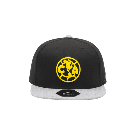 Black Club America Player Snapback with grey bill and yellow stitch team logo