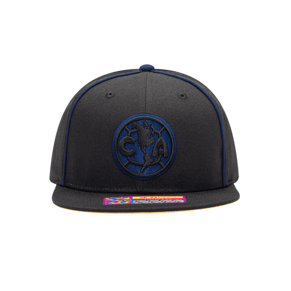 Front view of the Club America Cali Night Snapback with high crown, flat peak, and snapback closure, in black/blue.