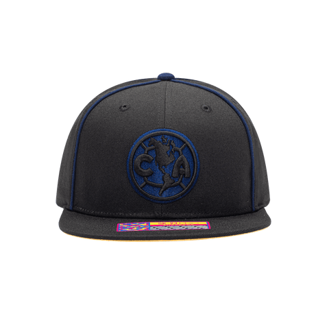 Front view of the Club America Cali Night Snapback with high crown, flat peak, and snapback closure, in black/blue.