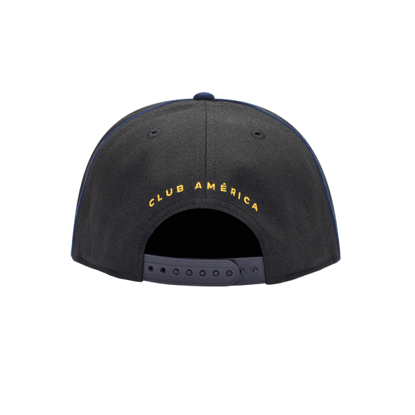 Back view of the Club America Cali Night Snapback with high crown, flat peak, and snapback closure, in black/blue.