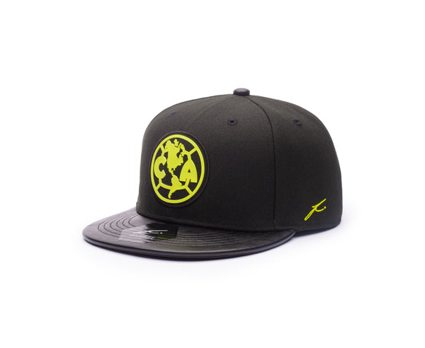 View of left side of Club America Cool 3 Snapback with Yellow Fi branded stitching on the side