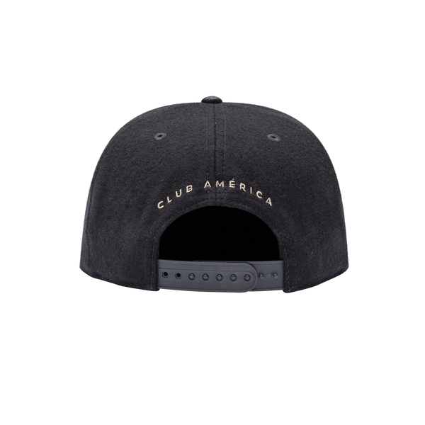 Club America Prep Snapback Hat with structured high 6-panel crown in melton wool, flat peak PU leather brim, front embroidered wool backed applique patch with merrowed edges, back embroidered club name, in navy.