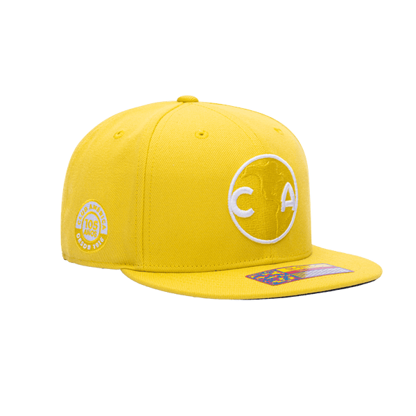 Side view of the Club America 105th Anniversary Retro Snapback with high crown, flat peak, and snapback closure, in Yellow.