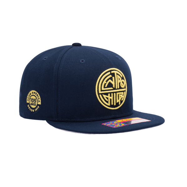 Side view of the Club America 105th Anniversary Retro Snapback with high crown, flat peak, and snapback closure, in Navy.