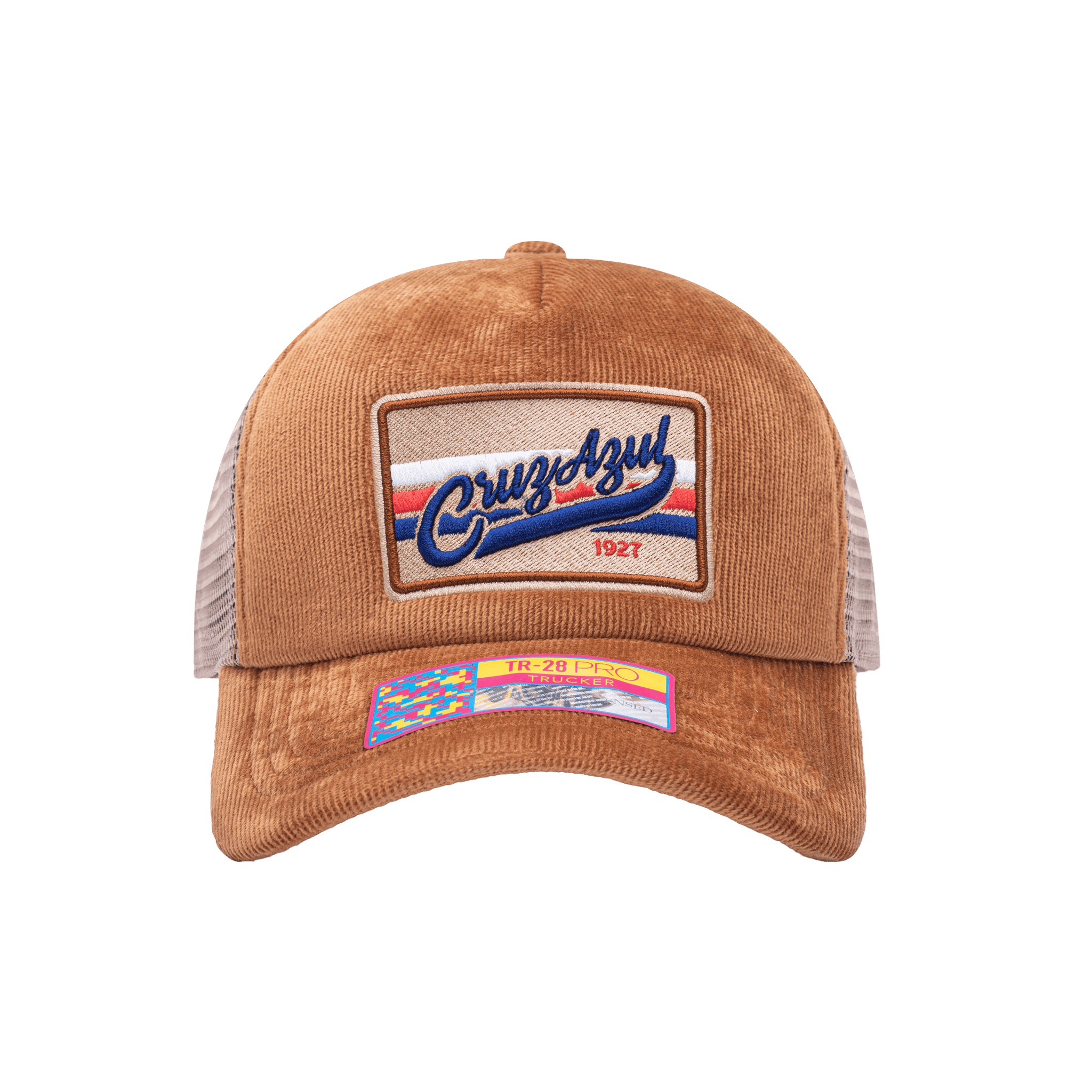 Front view of the Cruz Azul Camionero Trucker with high crown, curved peak, and snapback closure on mesh back, in brown.