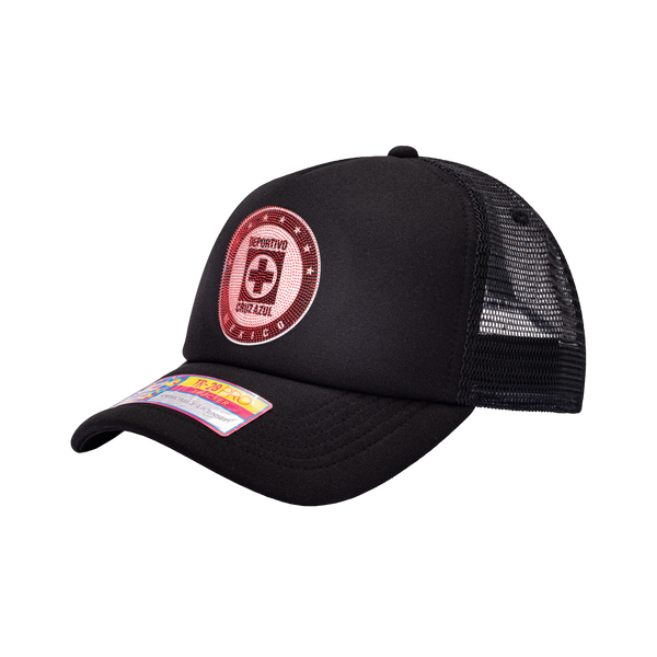 View of left side of Black Cruz Azul Shield Trucker