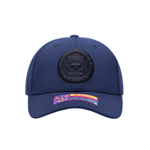 Front view of the Cruz Azul Trophy Adjustable hat with mid constructured crown, curved peak brim, and slider buckle closure, in Navy.