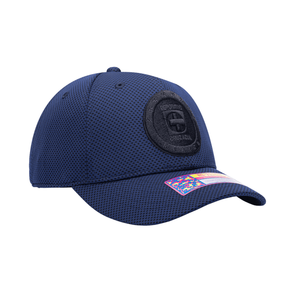 Side view of the Cruz Azul Trophy Adjustable hat with mid constructured crown, curved peak brim, and slider buckle closure, in Navy.