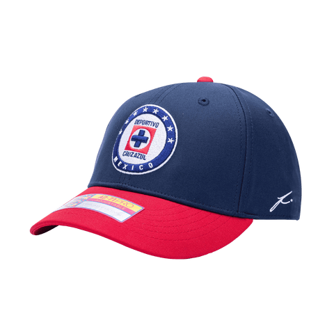 Side view of the Cruz Azul Core Adjustable hat with mid constructured crown, cruved peak brim, and slider buckle closure, in Navy/Red.