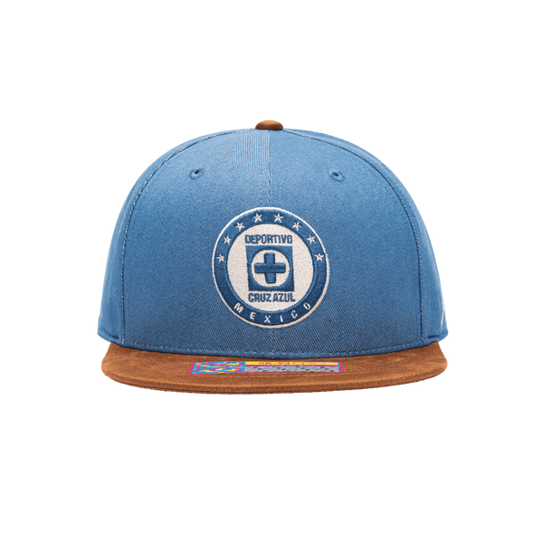 Front view of the Cruz Azul Orion Snapback with high structured crown, flat peak suede-like brim, and snapback closure, in Blue/Brown.