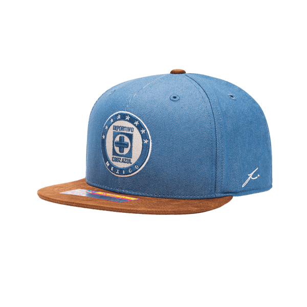 Side view of the Cruz Azul Orion Snapback with high structured crown, flat peak suede-like brim, and snapback closure, in Blue/Brown.