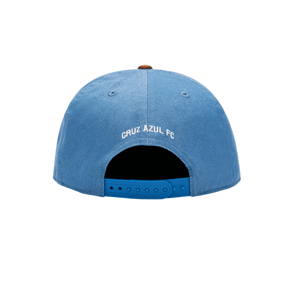 Back view of the Cruz Azul Orion Snapback with high structured crown, flat peak suede-like brim, and snapback closure, in Blue/Brown.