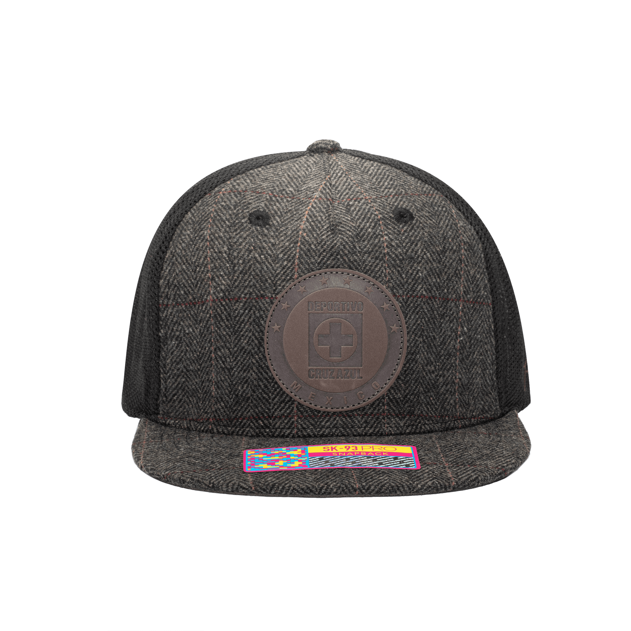 Front view of the Cruz Azul Sherlock Snapback with high crown, flat peak, and snapback closure, in Grey/Black