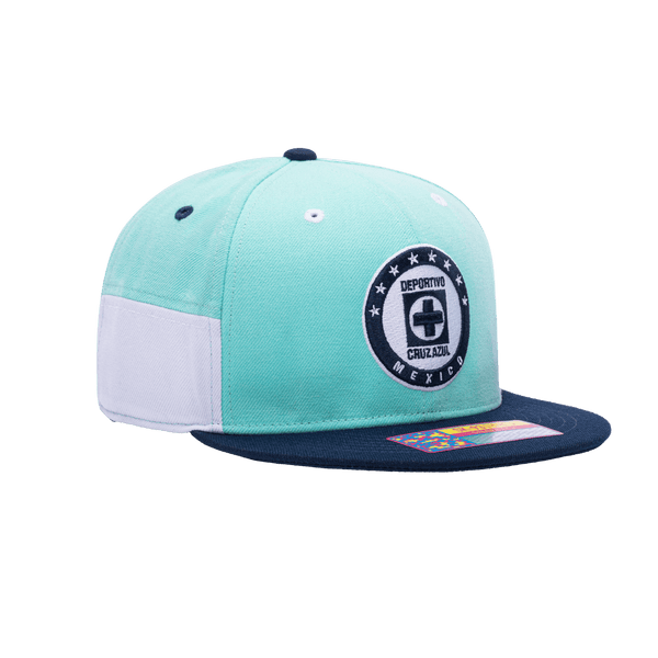 Side view of the Cruz Azul Truitt Snapback with high crown, flat peak, and snapback closure, in Teal/White.