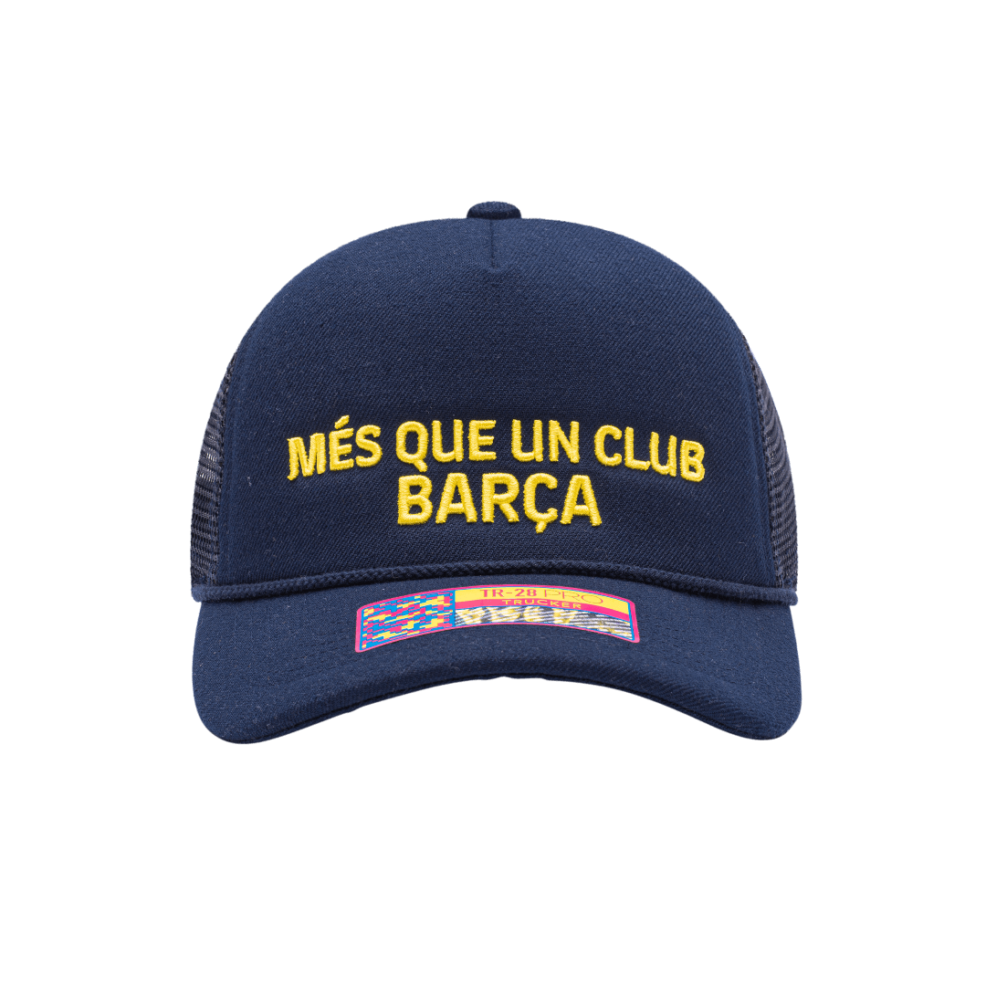 FC Barcelona Pride Trucker with mid crown, curved peak brim, mesh back, and snapback closure, in Navy