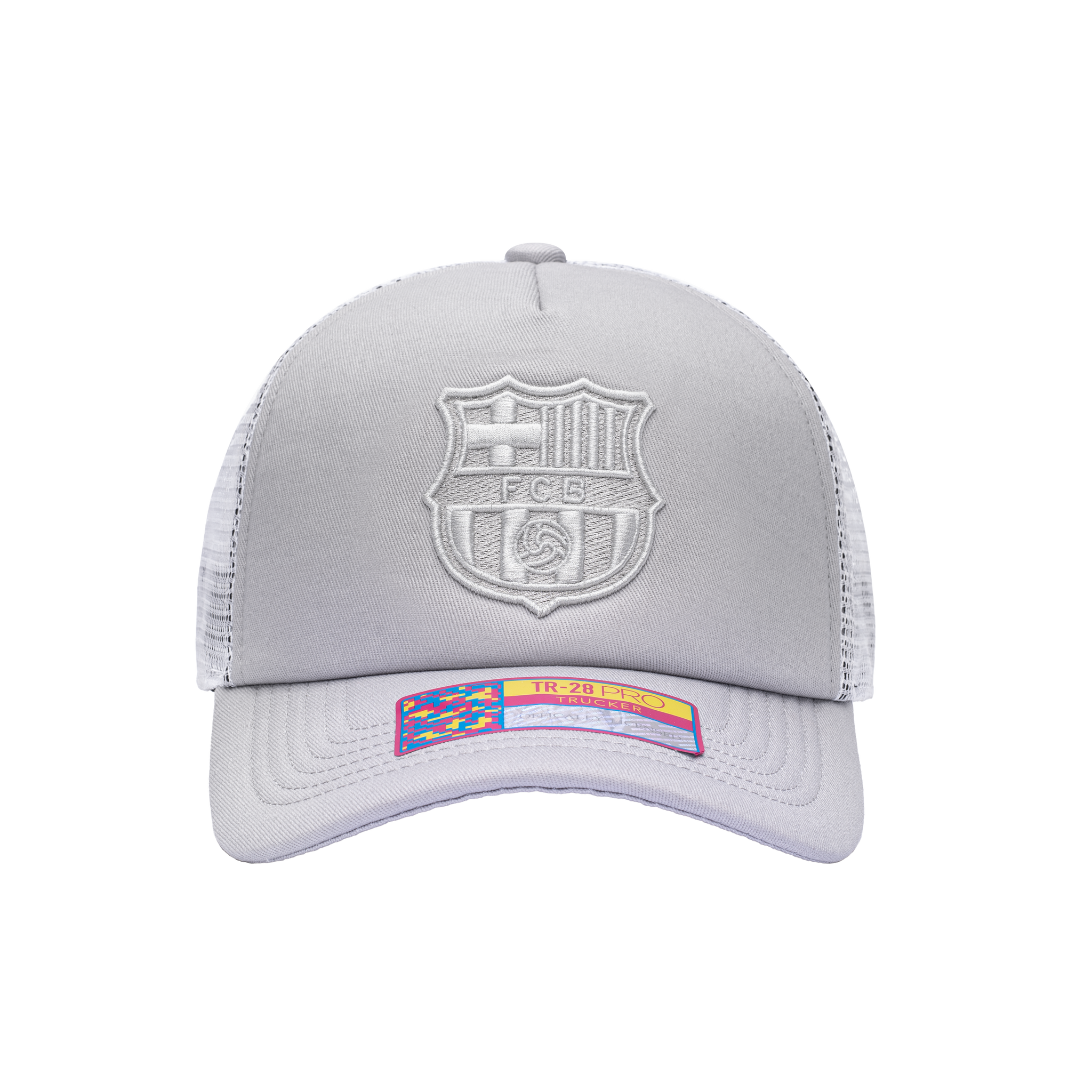 Front view of the FC Barcelona Fog Trucker Hat in Grey/White, with high crown, curved peak, mesh back and snapback closure.