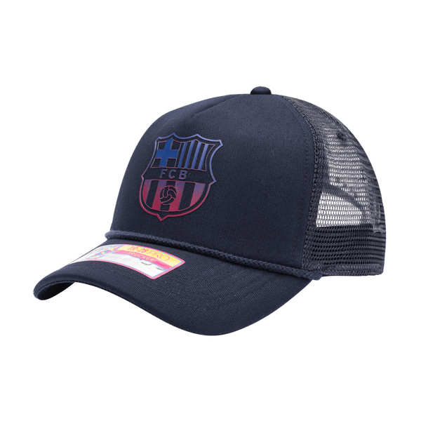 FC Barcelona Atmosphere Trucker with mid crown, curved peak brim, mesh back, and snapback closure, in Navy