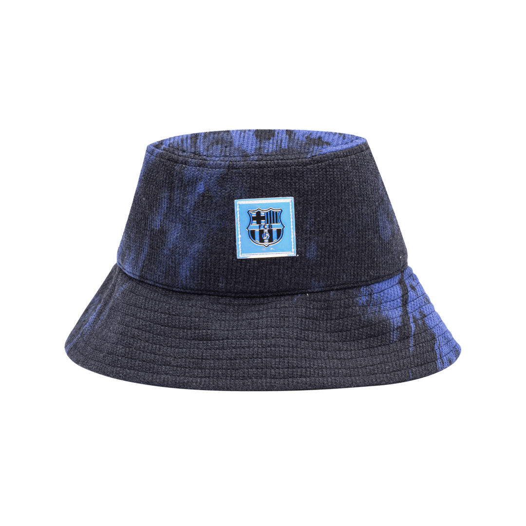 FC Barcelona Express Bucket Hat with flat top crown, and iridescent club logo patch on crown, in Black/Blue