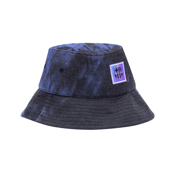 FC Barcelona Express Bucket Hat with flat top crown, and iridescent club logo patch on crown, in Black/Blue