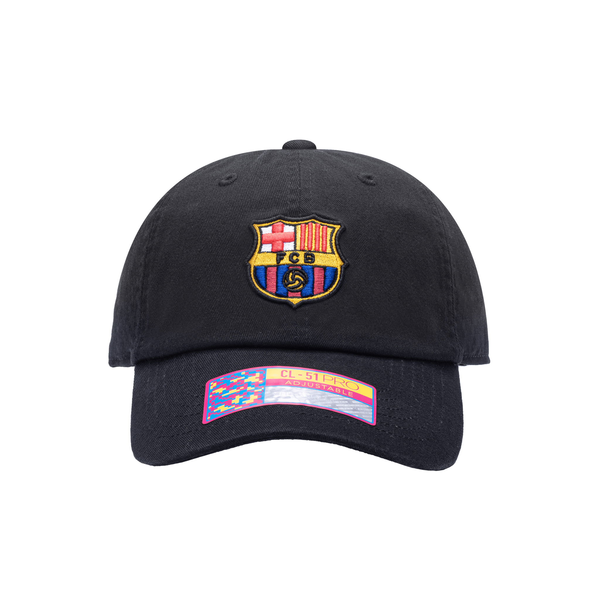 Front view of the FC Barcelona Bambo Classic hat with low unstructured crown, curved peak brim, and buckle closure, in black.