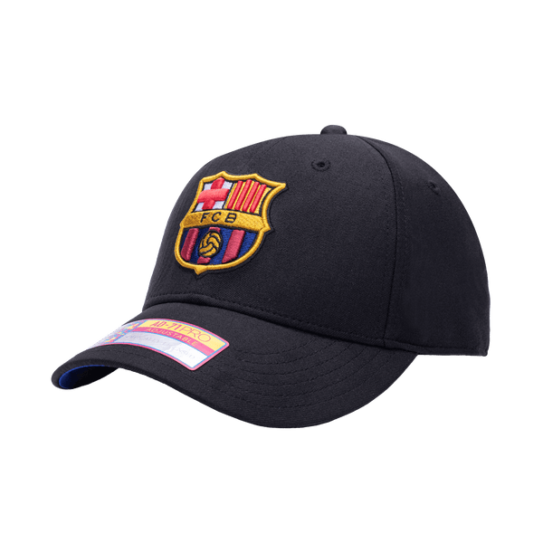 Side view of the FC Barcelona Standard Adjustable hat with mid constructured crown, curved peak brim, and slider buckle closure, in Black.