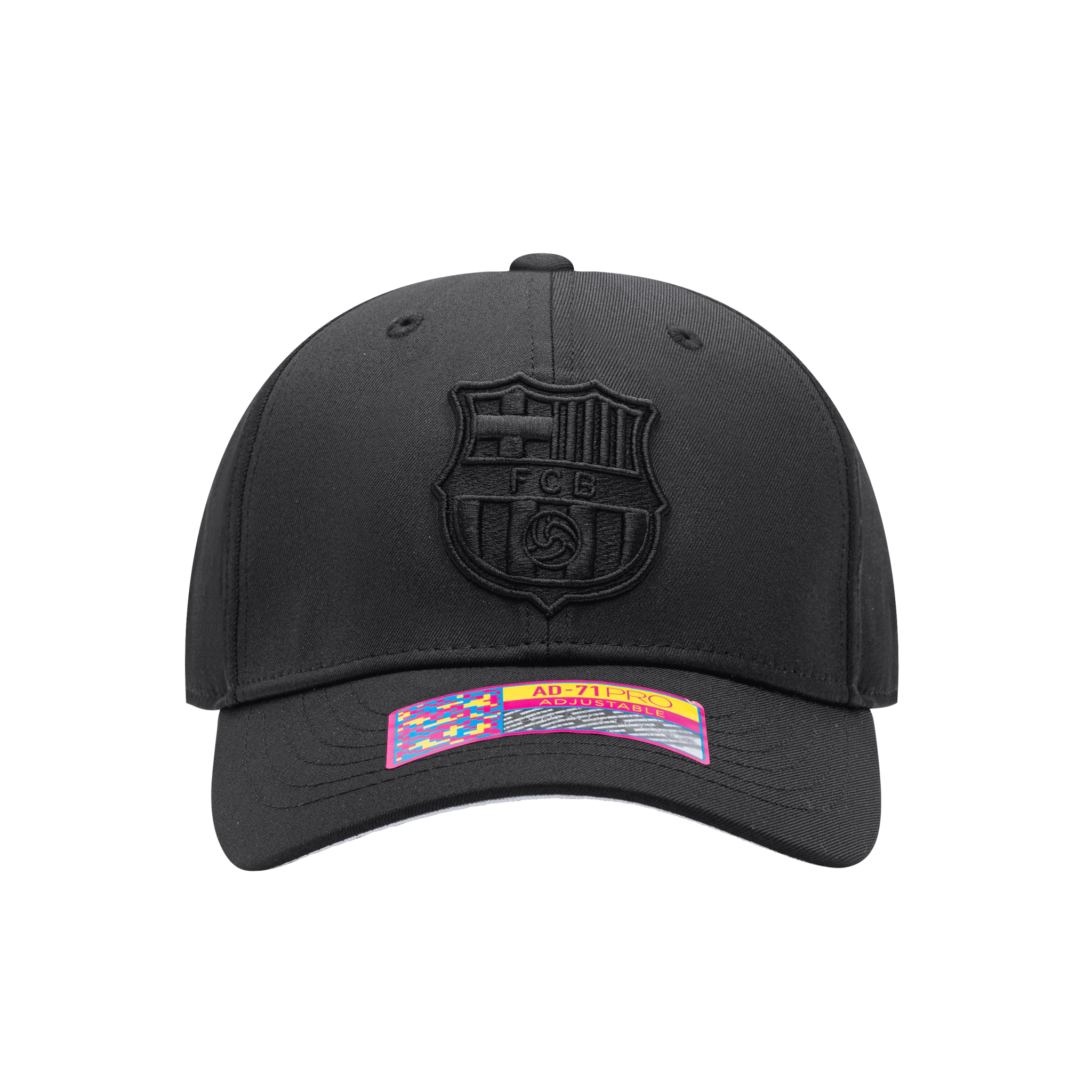 Front view of the FC Barcelona Dusk Adjustable hat with mid constructured crown, curved peak brim, and slider buckle closure, in Black.