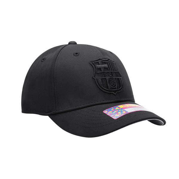 Side view of the FC Barcelona Dusk Adjustable hat with mid constructured crown, curved peak brim, and slider buckle closure, in Black.