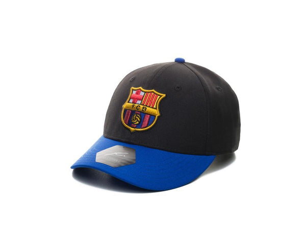 View of left side of black and blue FC Barcelona Core Snapback Hat