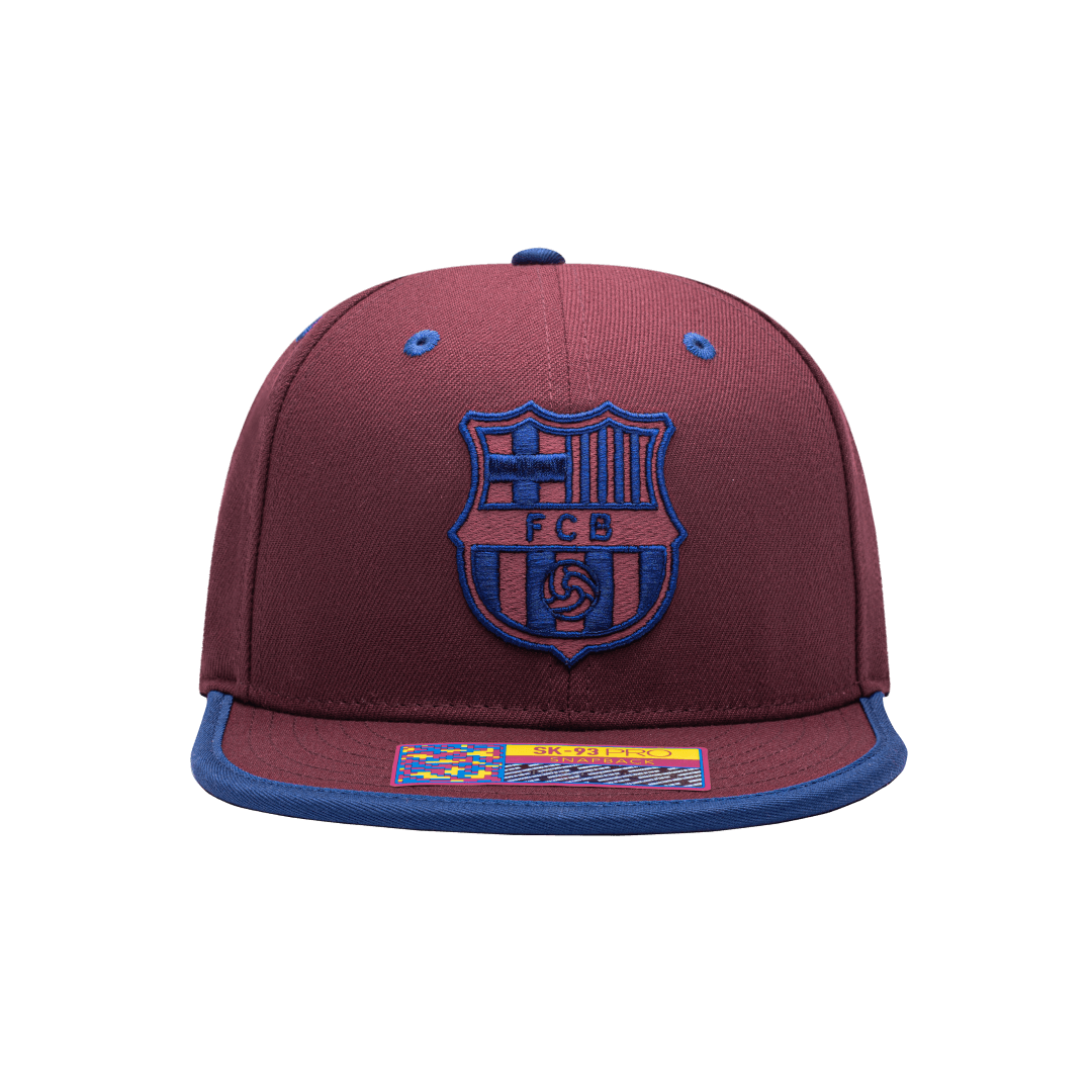 FC Barcelona Tape Snapback with high crown, flat peak brim, and snapback closure, in Cardinal