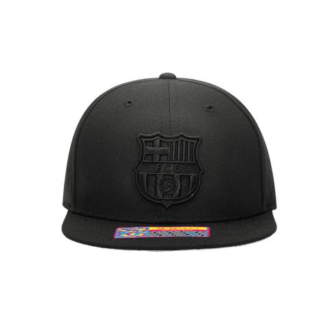 Front view of the FC Barcelona Dusk Snapback with high crown, flat peak, and snapback closure, in Black