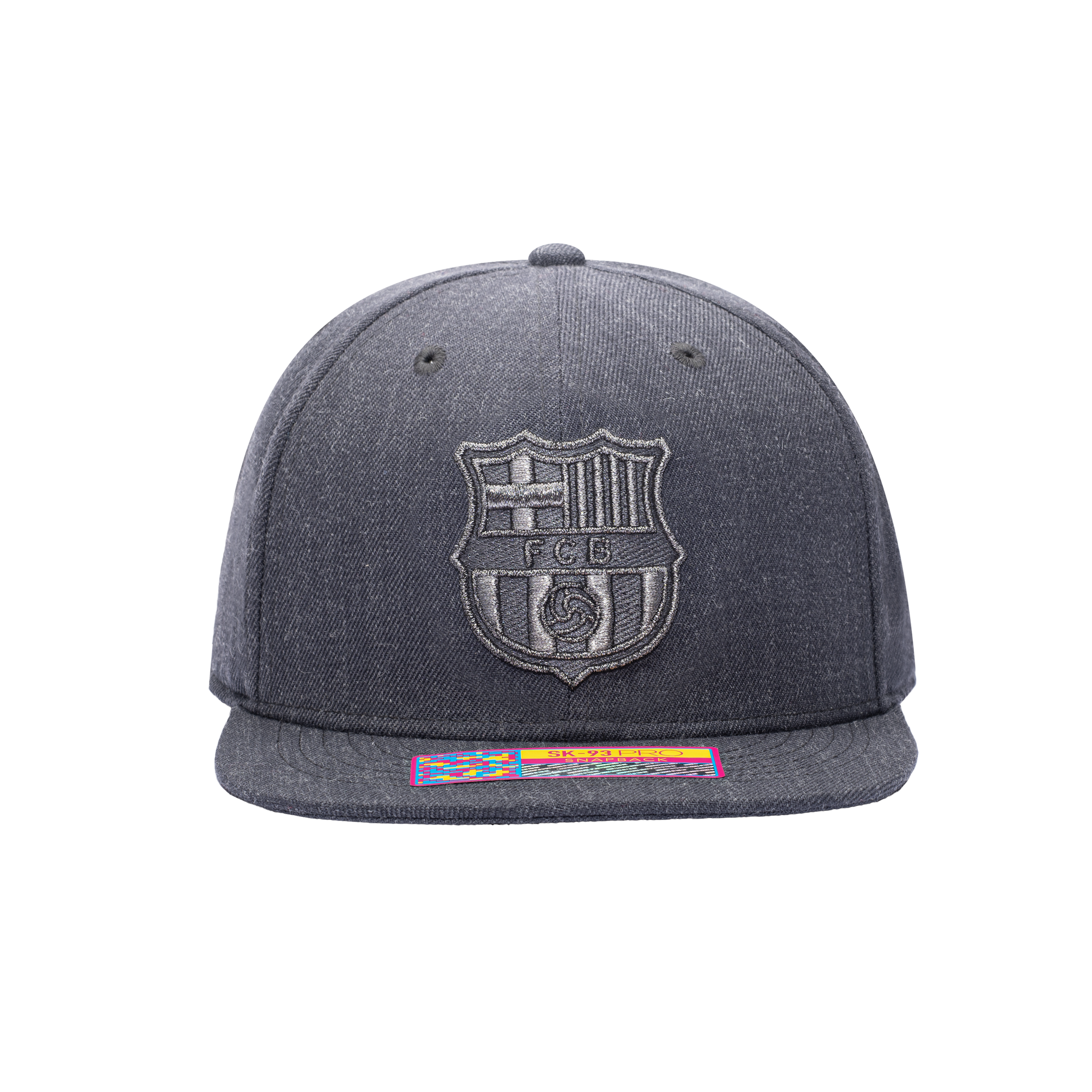 Front view of the FC Barcelona Platinum Snapback in Grey, with high crown and flat peak.