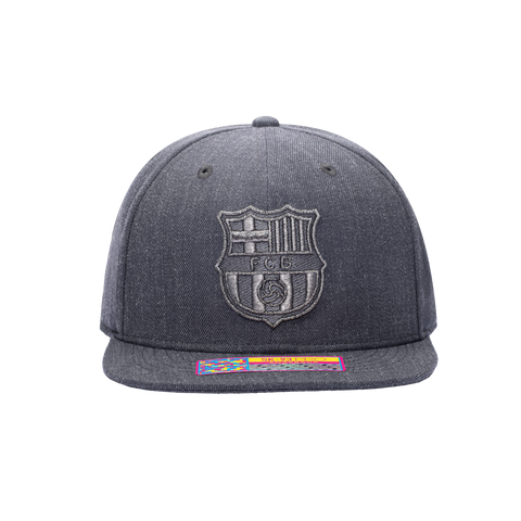 Front view of the FC Barcelona Platinum Snapback in Grey, with high crown and flat peak.